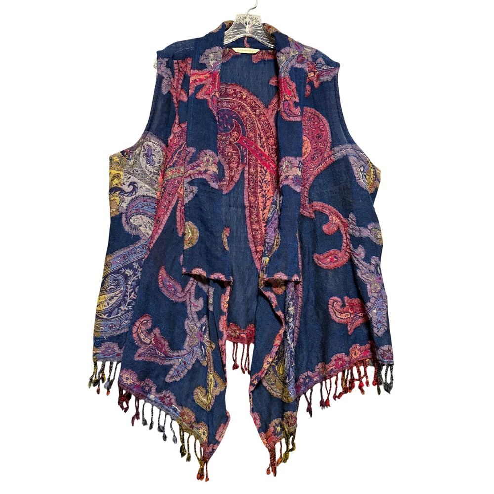 Soft Surroundings Vest Women 1X Navy Blue Paisley 100% Wool Fringe Draped Boho